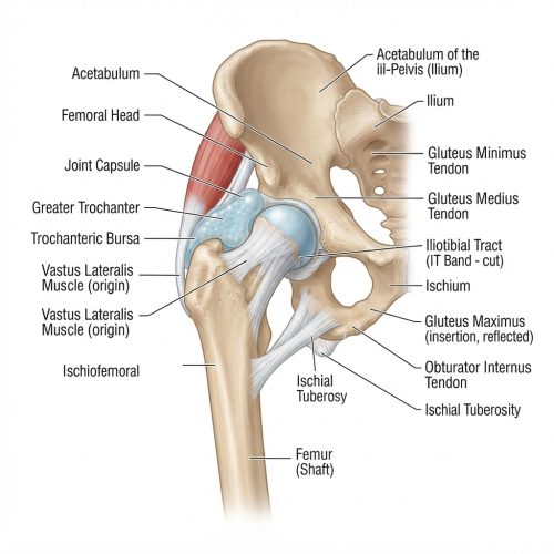 Anatomia dell'anca laterale con grande trocantere e borsa trocanterica