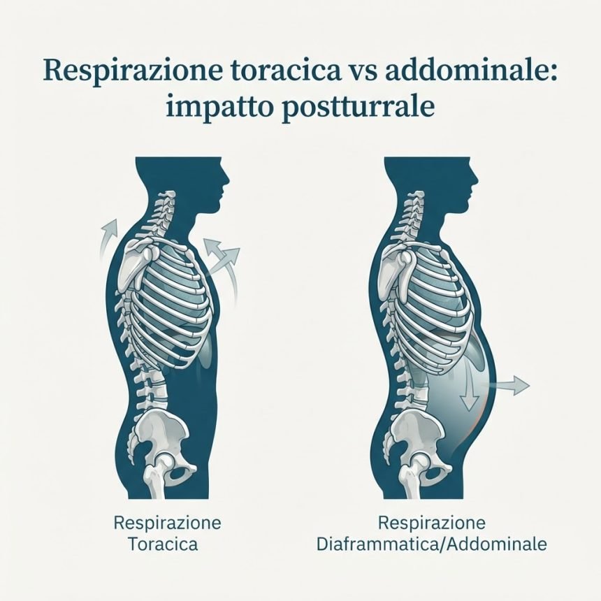 Schema comparativo della respirazione toracica e addominale con impatto posturale