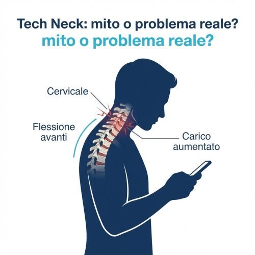 Tech neck e smartphone: flessione cervicale Tech neck: collo in flessione mentre si usa lo smartphone, con carico cervicale aumentato